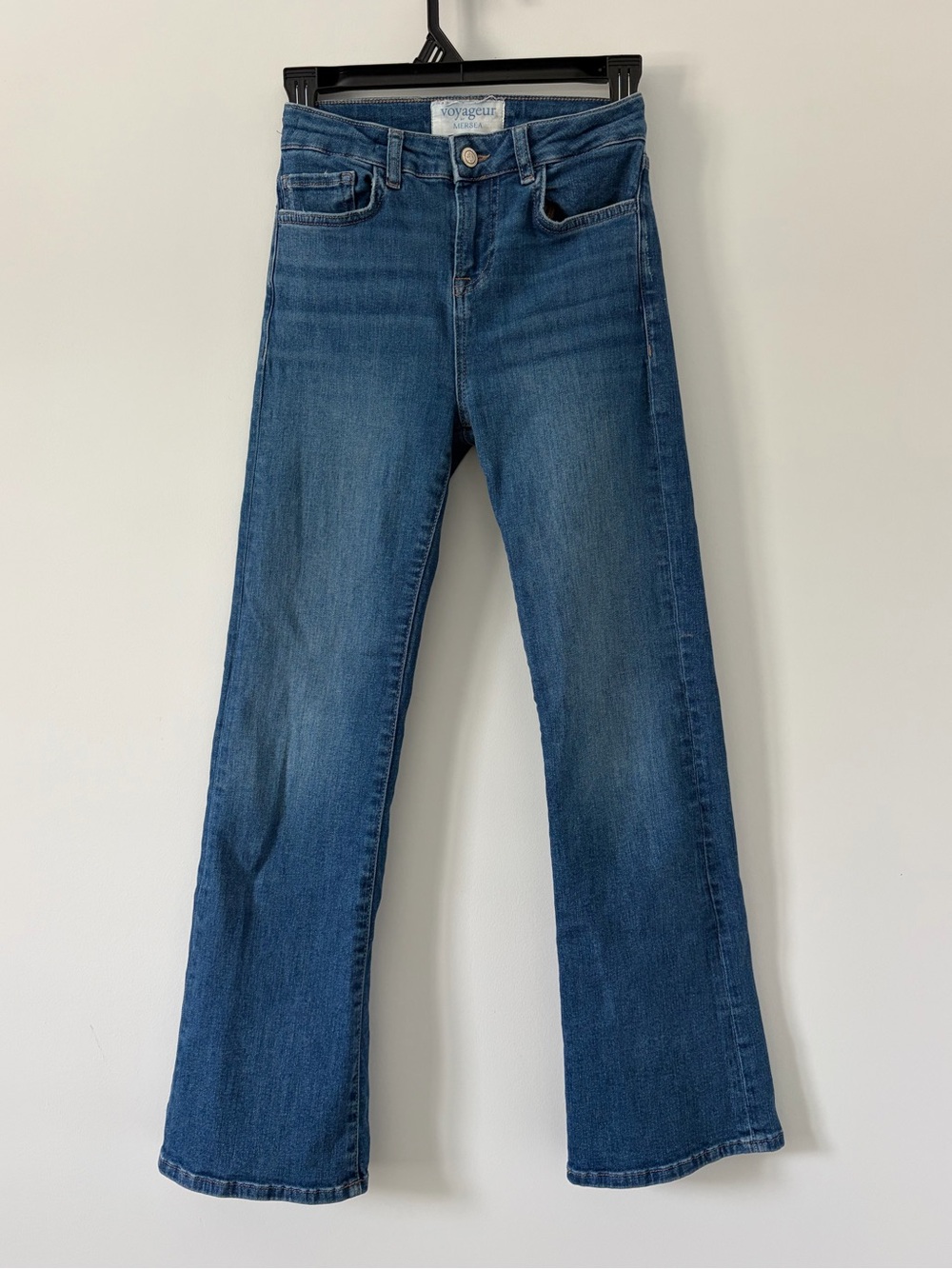 Voyageur by Mersea Nomad Cropped Mini Bootcut Flare Blue Denim Stretch Jeans 25